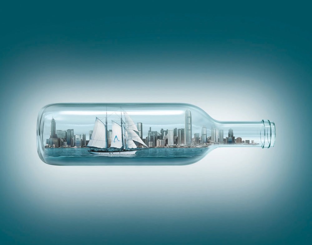 3D Glass City Ship in a Bottle Advertising Illustration