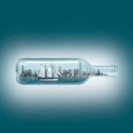 3D Glass City Ship in a Bottle Advertising Illustration