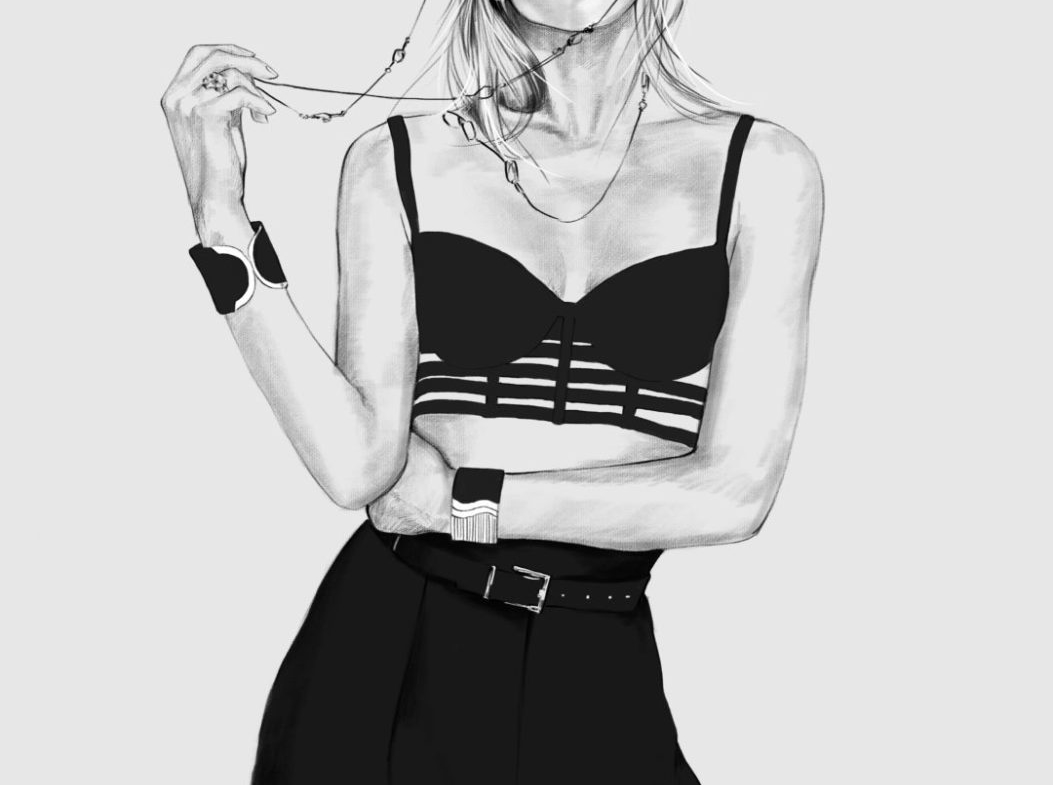 2D Black and White Female Fashion Model Illustration