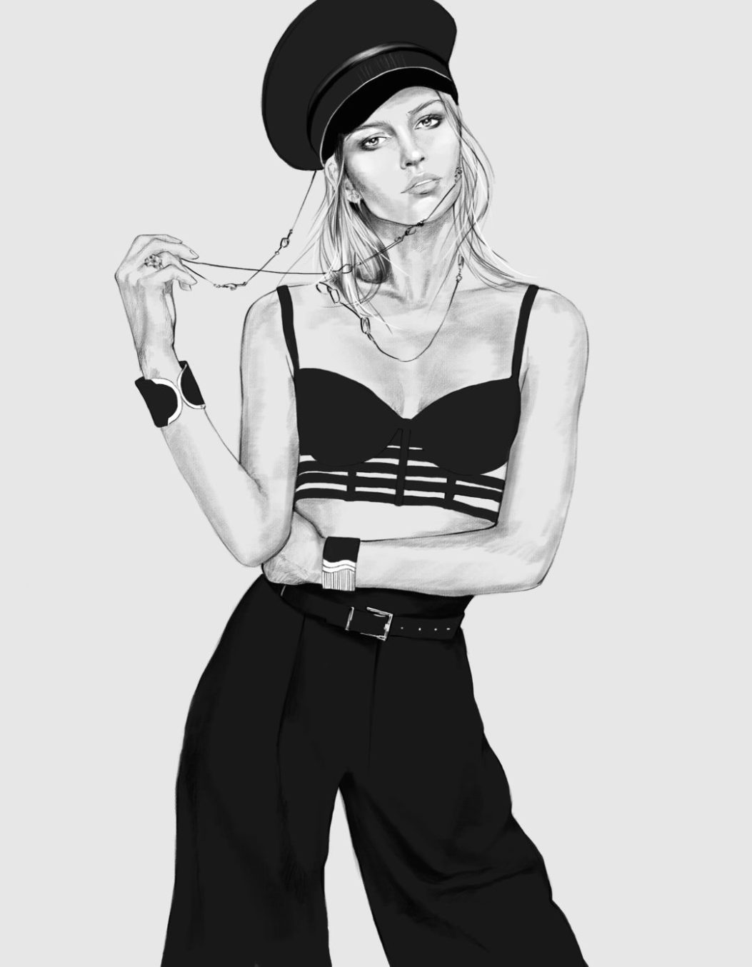 2D Black and White Female Fashion Model Illustration