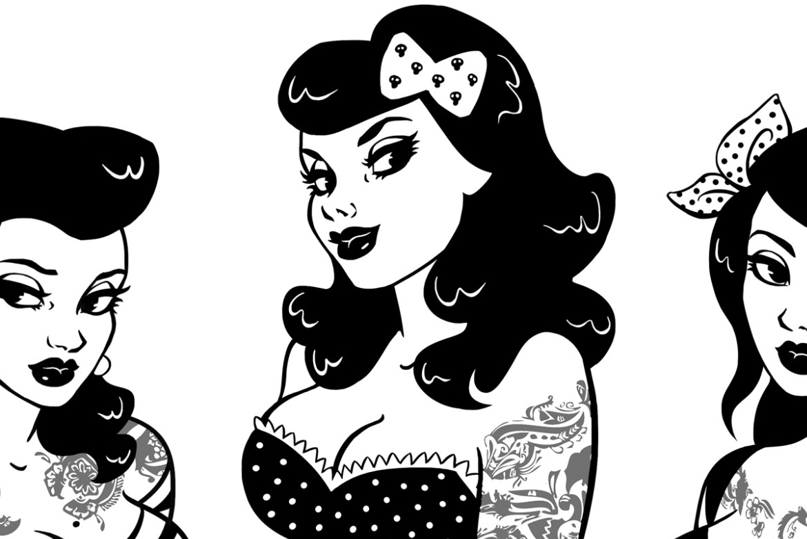 2D Black and White Rockabilly Girls Illustration