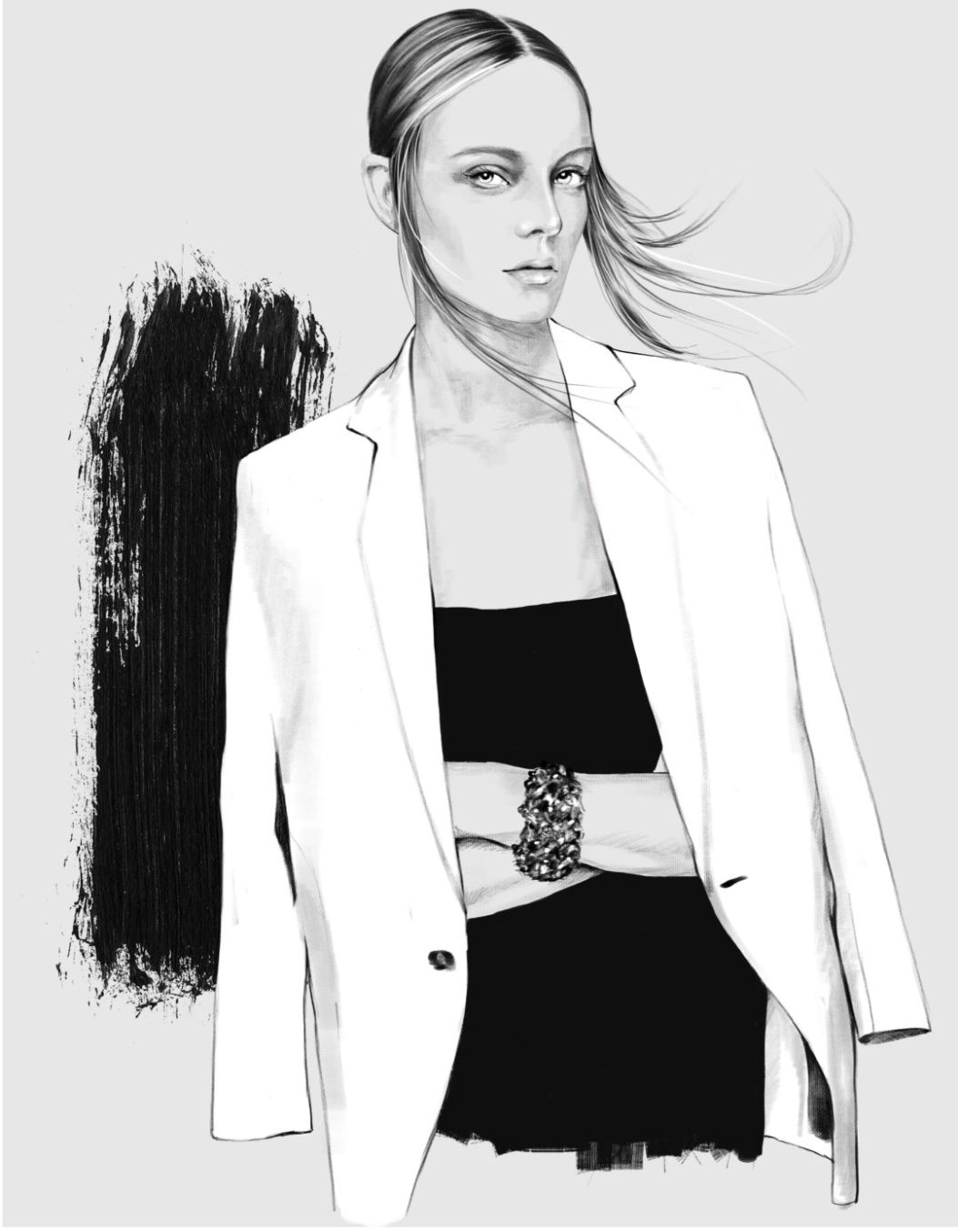 2D Black and White Stylish Fashion Model Illustration