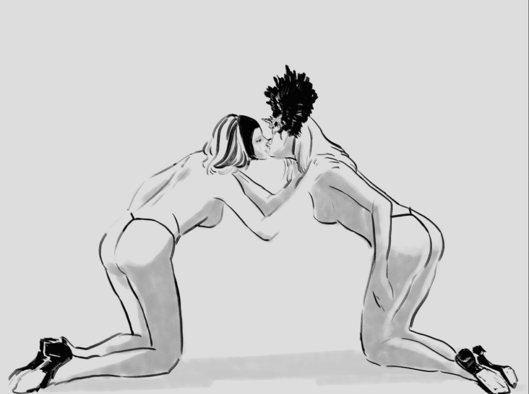 2D Black and White Women Kissing Illustration