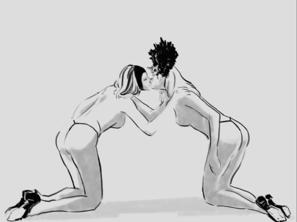 2D Black and White Women Kissing Illustration