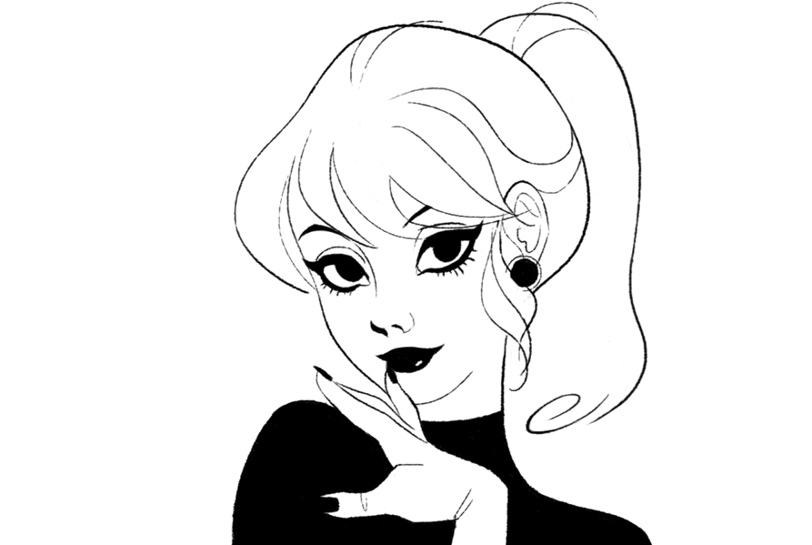 2D Girl in Black Dress Black and White Illustration