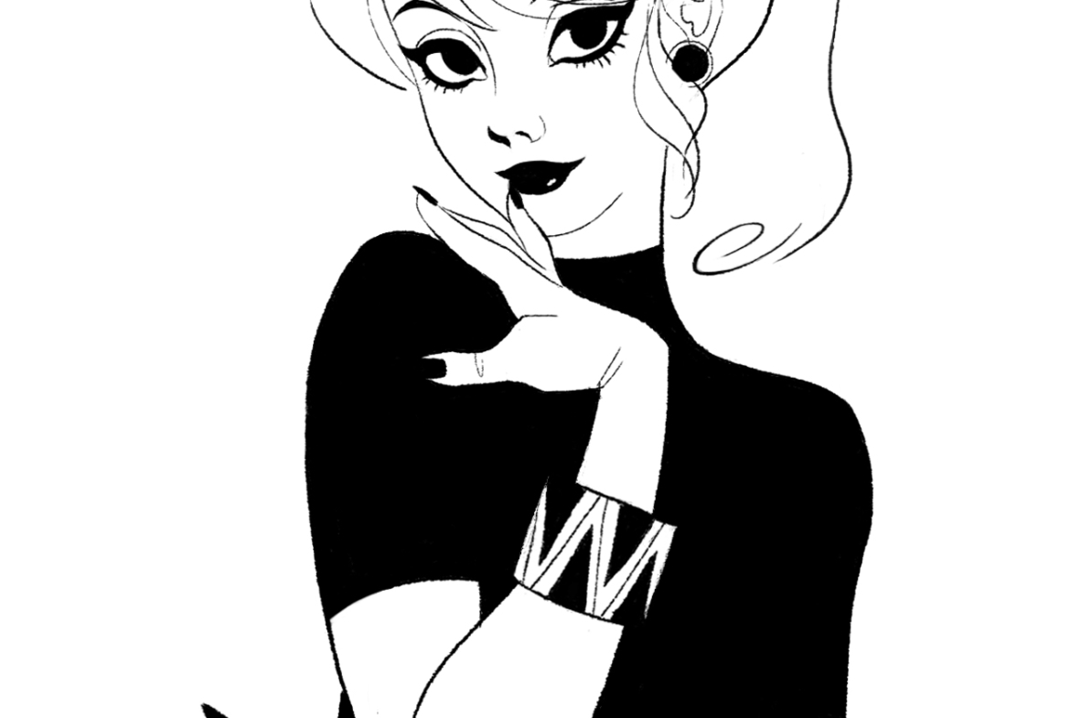 2D Girl in Black Dress Black and White Illustration