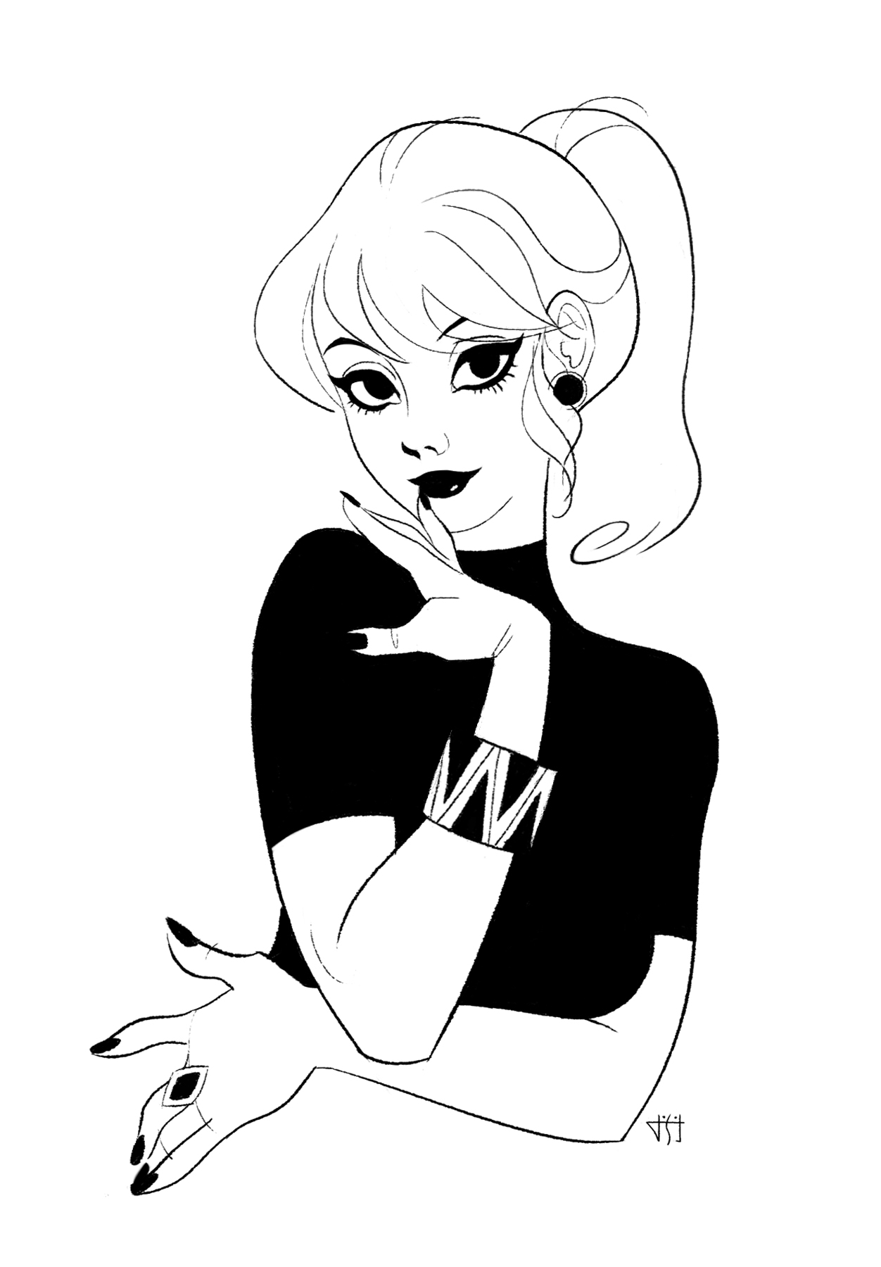 2D Girl in Black Dress Black and White Illustration