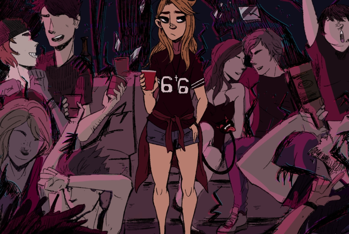 2D Social Anxiety Party Girl Character Illustration