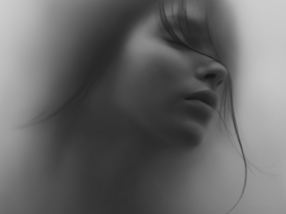 2D Young Woman Behind Glass Black and White Pencil Illustration