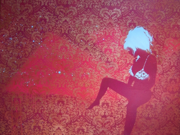 2D Female Underwear Model Graffiti Stencil Painted on Retro Wallpaper