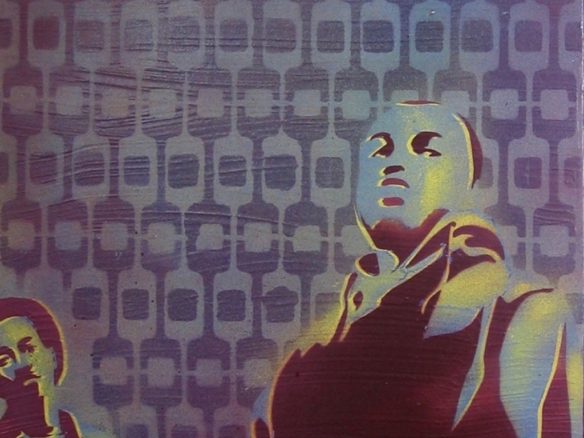 2D Gangster Graffiti Stencil Painted On Retro Wallpaper