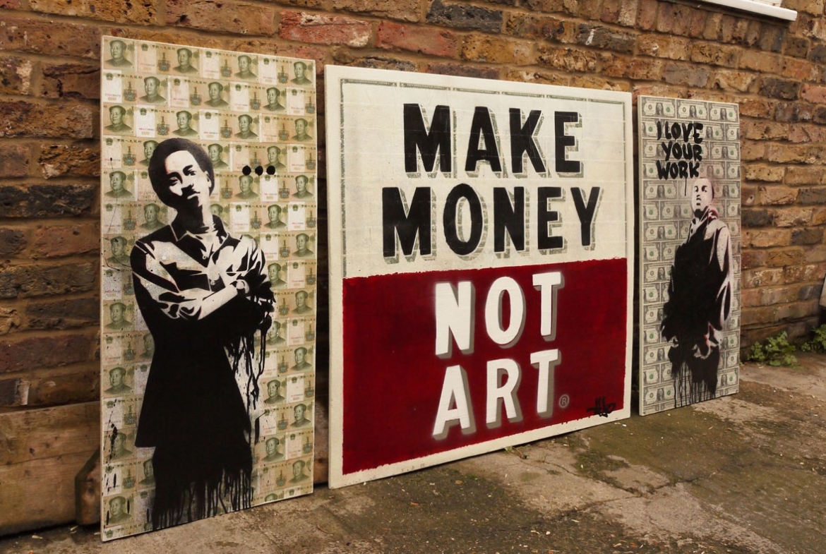 2D Spray Painted Banknotes Triptych Graffiti Mural