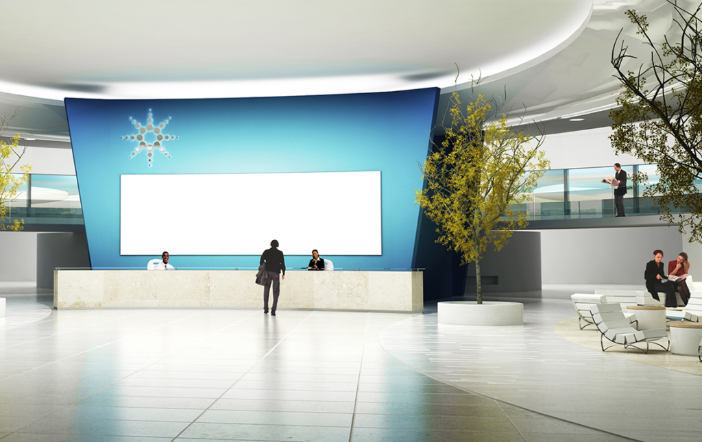3D Futuristic Corporate Reception Lobby CGI - Illustration Agent Website