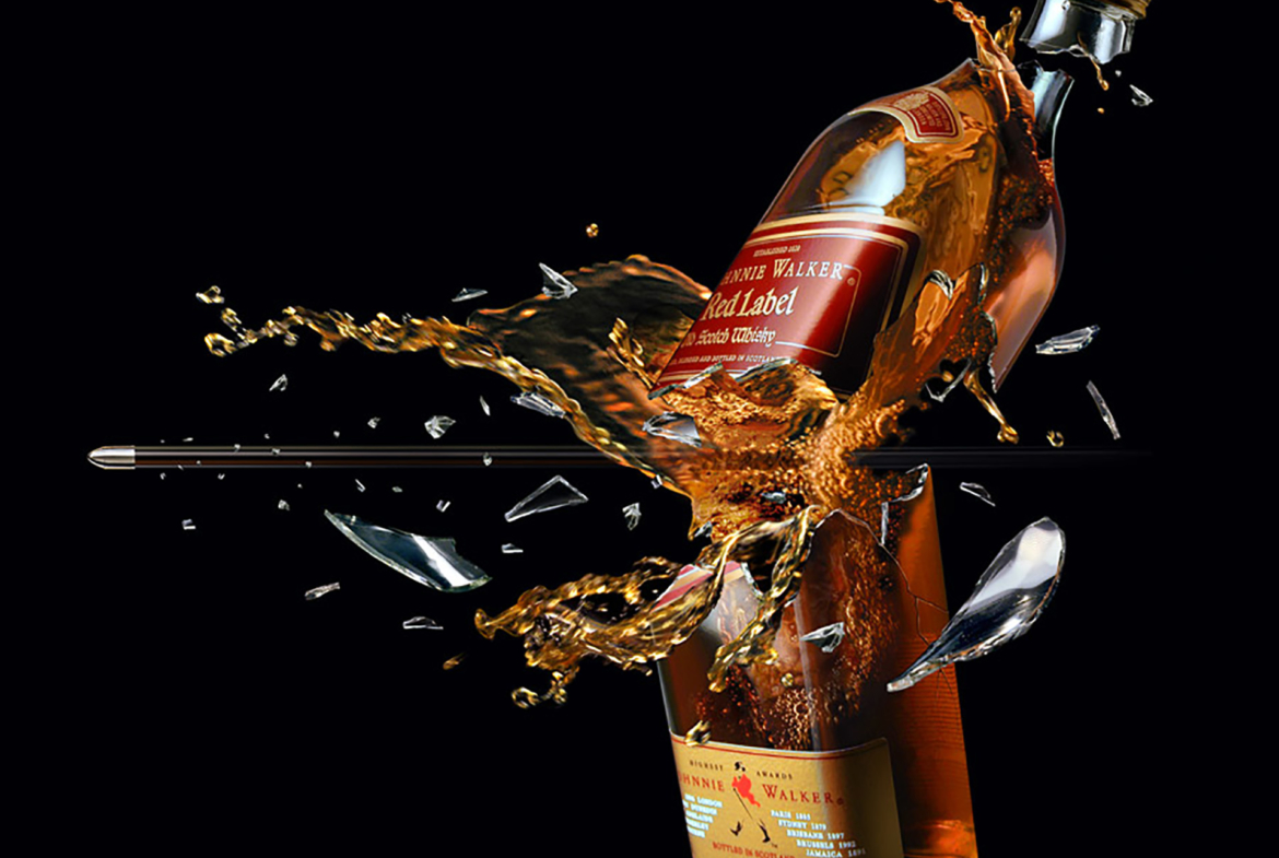 3D Johnny Walker Red Label Glass Whisky Bottle Bullet Smash Illustration