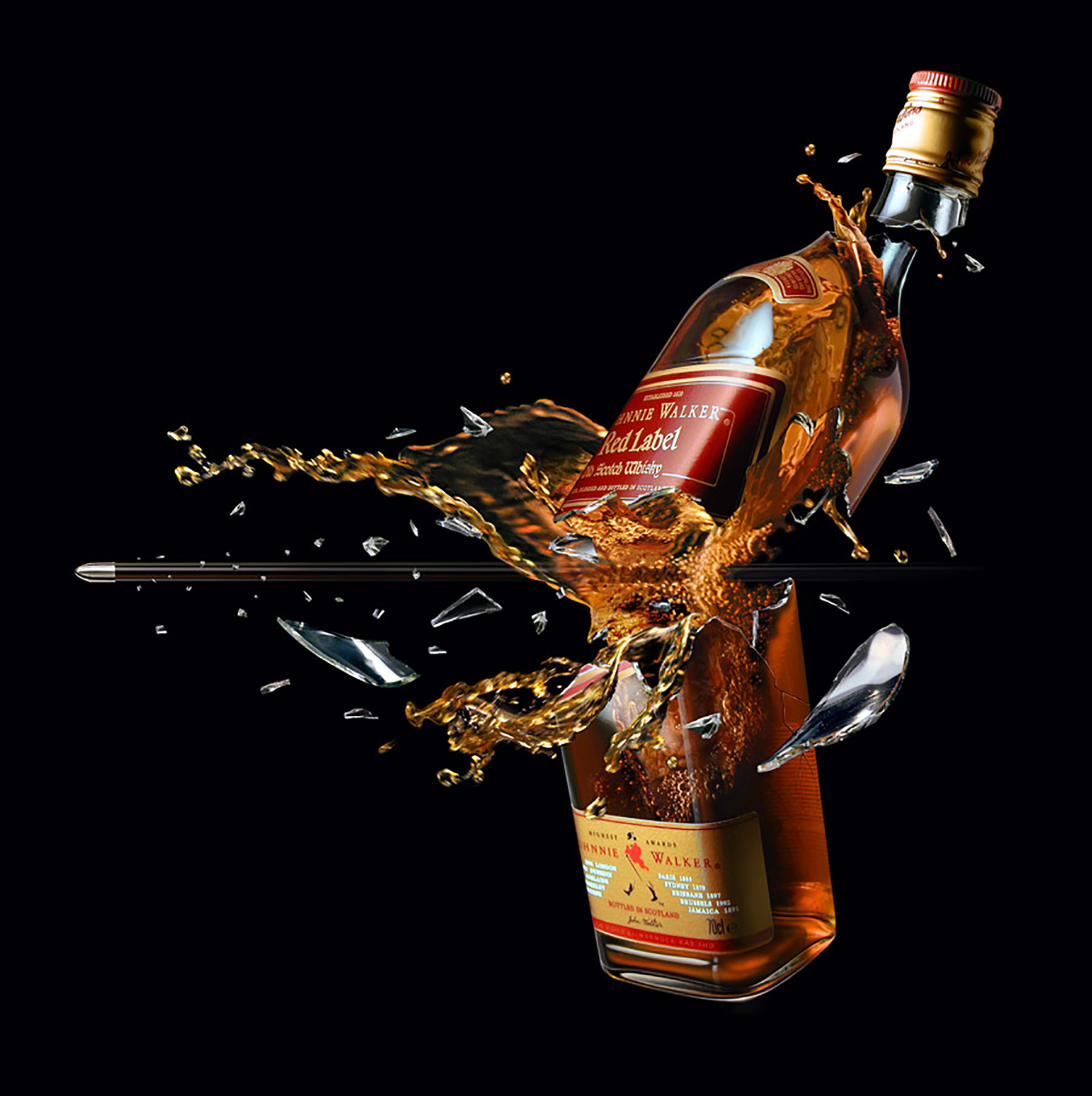 3D Johnny Walker Red Label Glass Whisky Bottle Bullet Smash Illustration