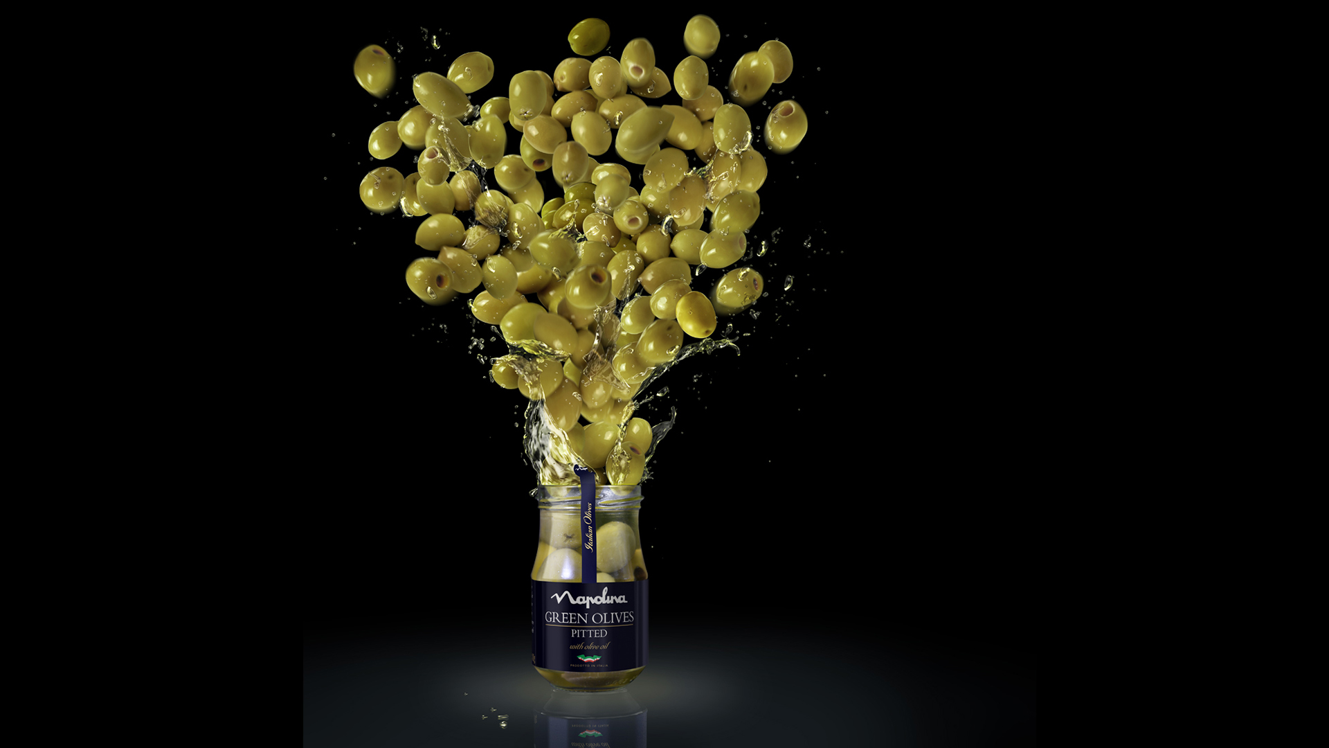 3D Napolina Green Olives Explosion Product Food Illustration
