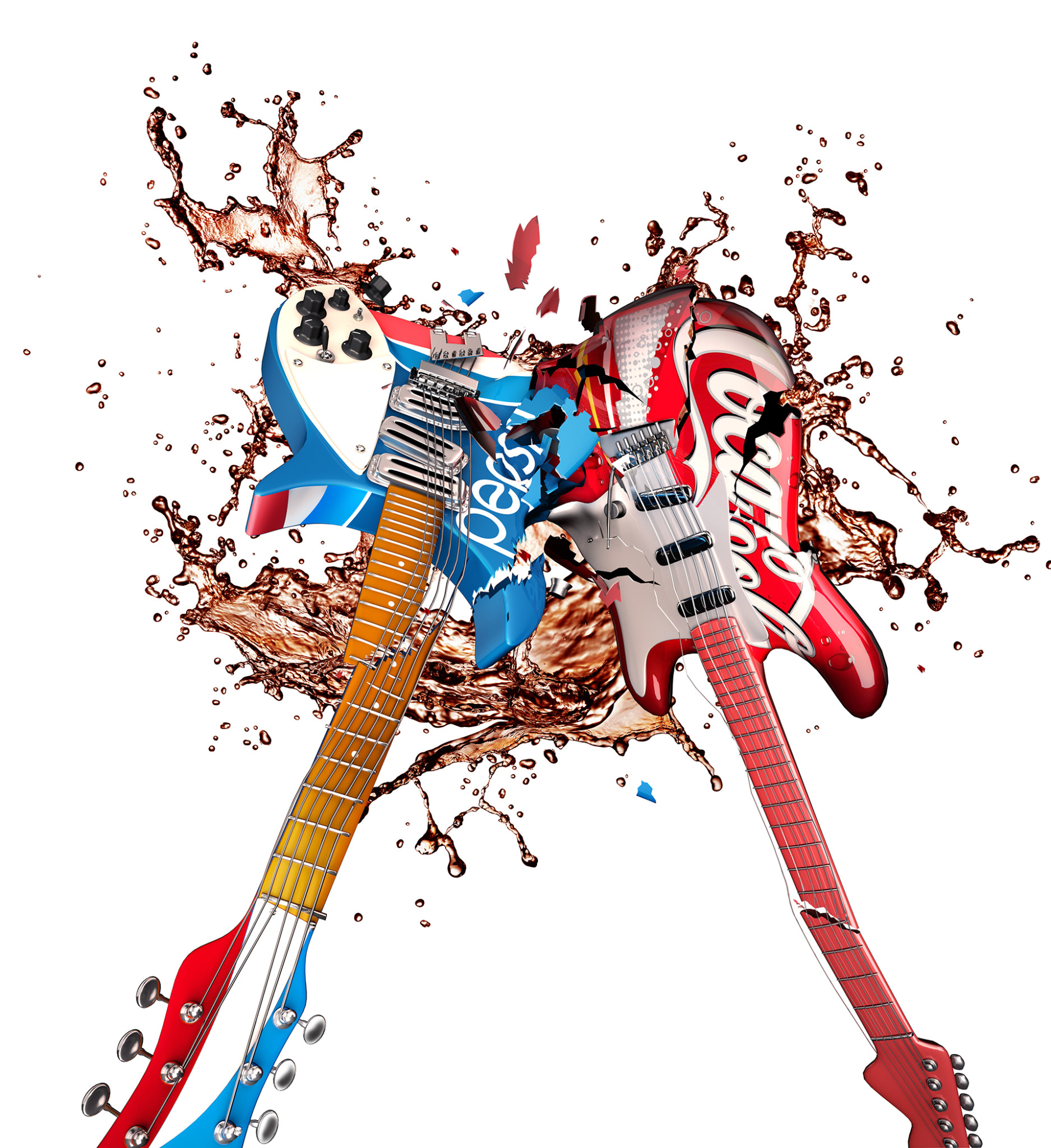 3D liquid fluid of smashing electric guitars