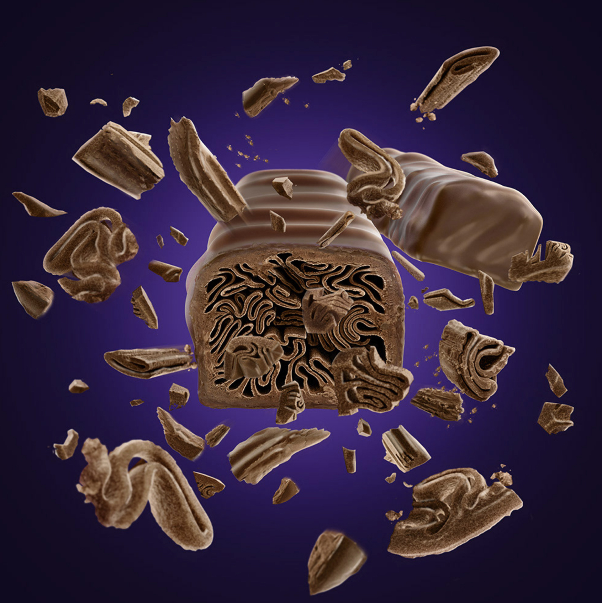 3D Chocolate Twirl Bar Explosion Illustration | Illustration Agency