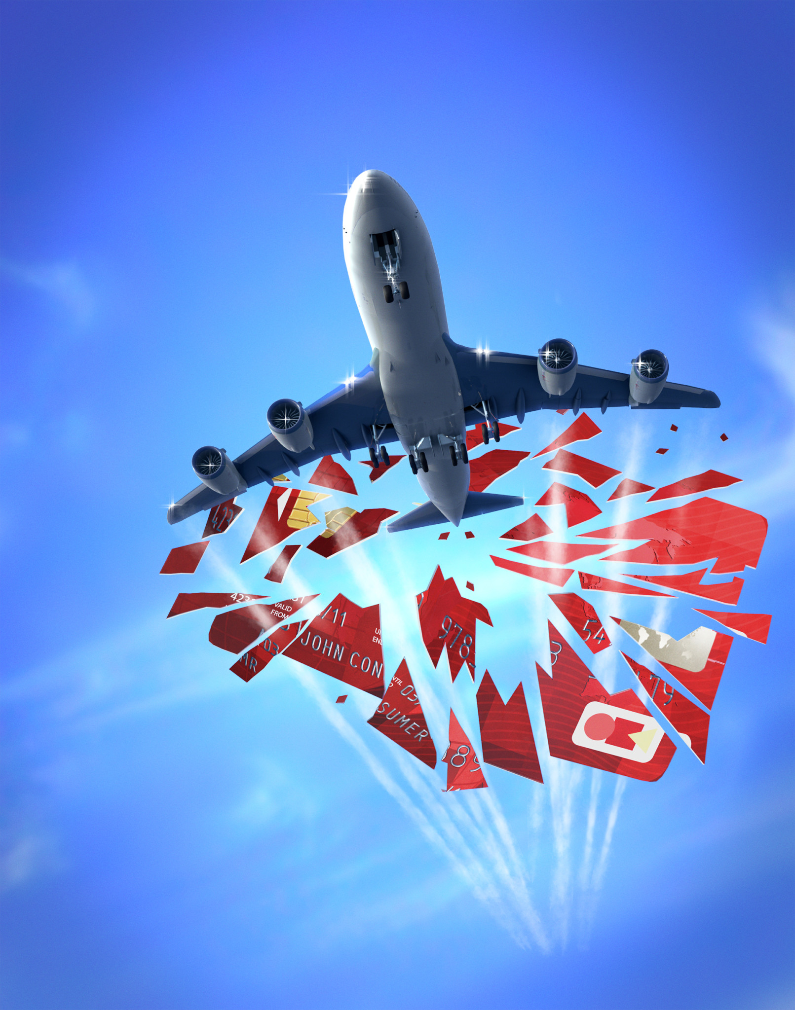 3D Plane Smashing Through Credit Card Illustration