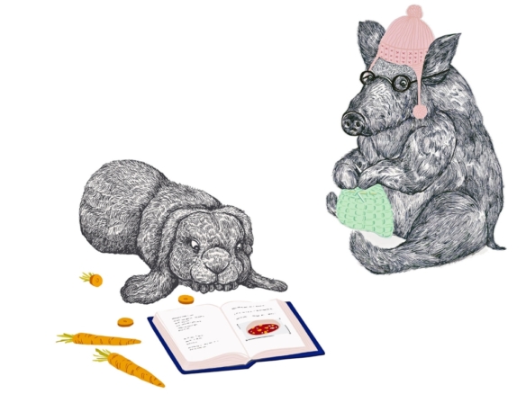 2D Black and White Animal Caricatures Illustration Image