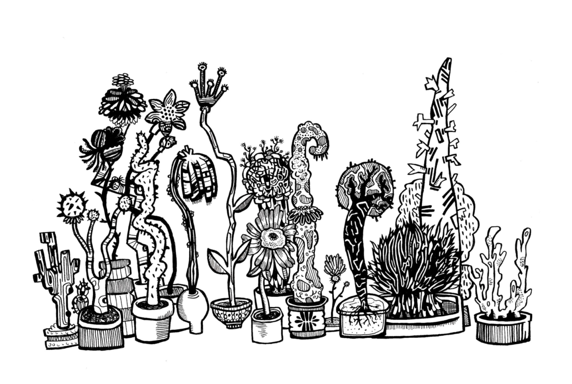 2D Black and White Stylised Flowers Illustration