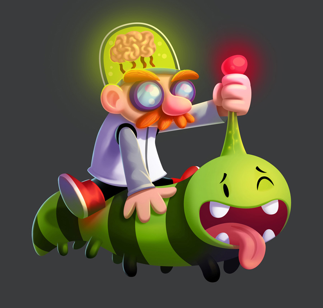 A 2D cartoon illustration of a mad scientist character. 