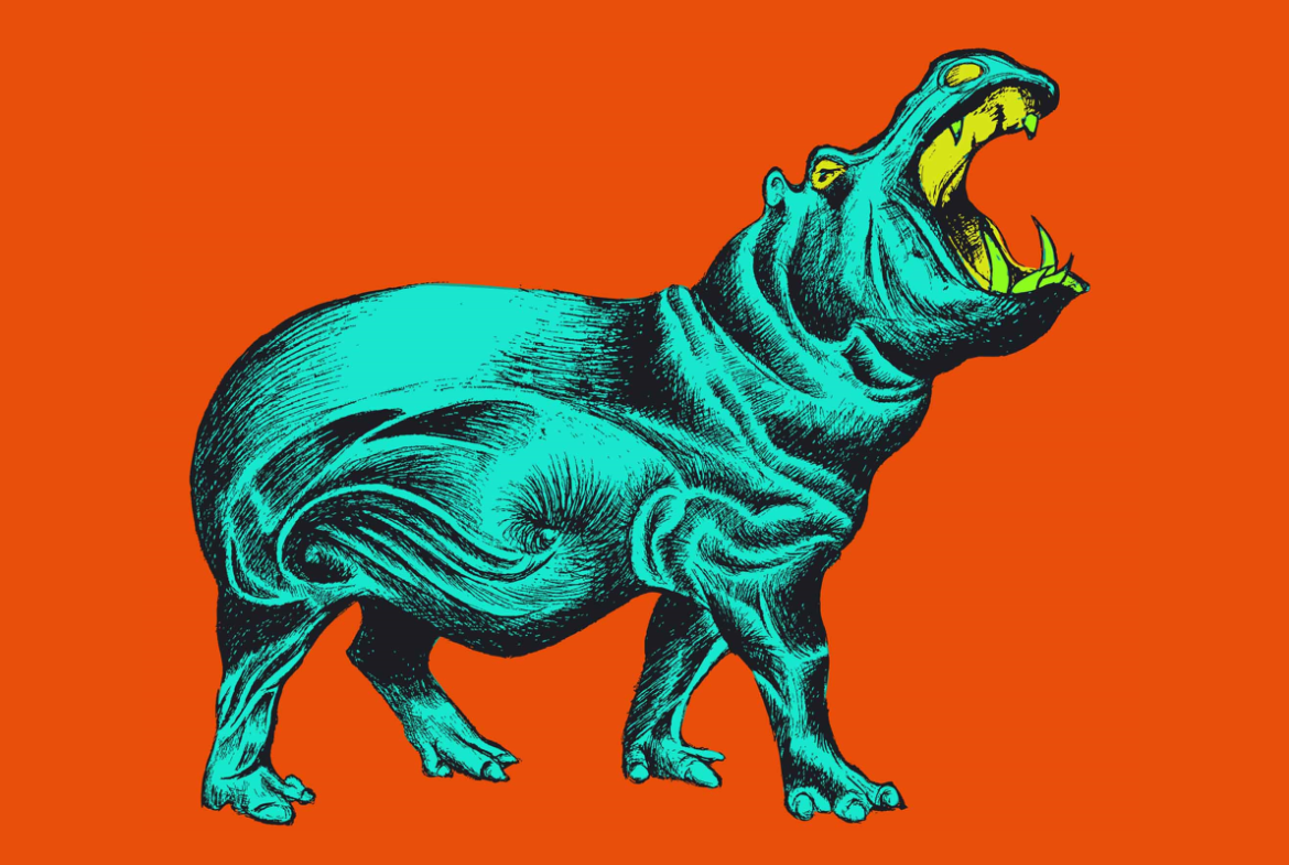 2D Retro Roaring Hippo Illustration Image