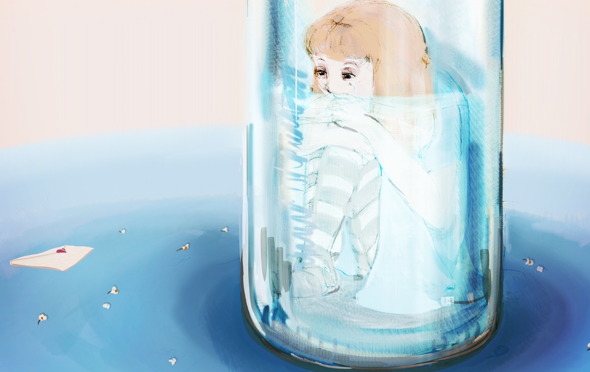 2D Sad Alice Girl In Glass Bottle Illustration Image