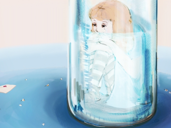 2D Sad Alice Girl In Glass Bottle Illustration Image
