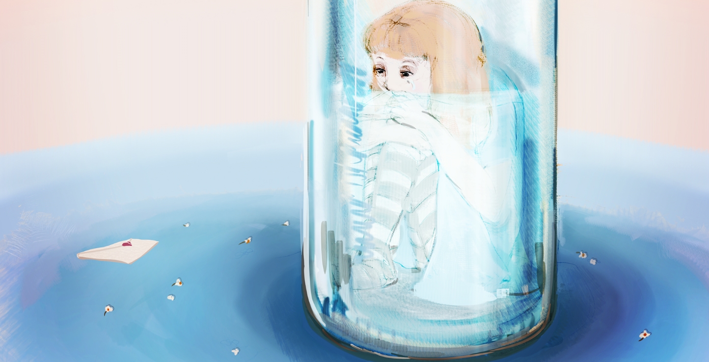2D Sad Alice Girl In Glass Bottle Illustration Image