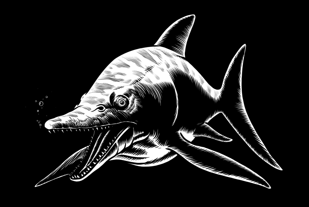 2D Black and White Dinosaur Dolphin Illustration