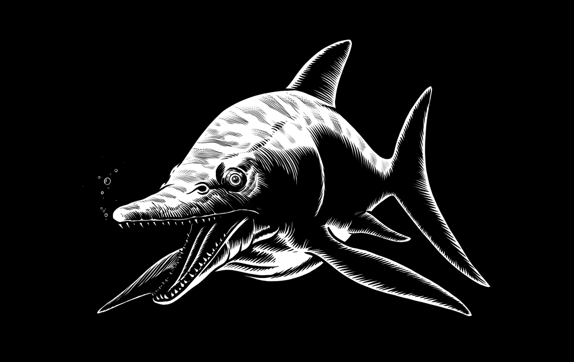 2D Black and White Dinosaur Dolphin Illustration Thumbnail