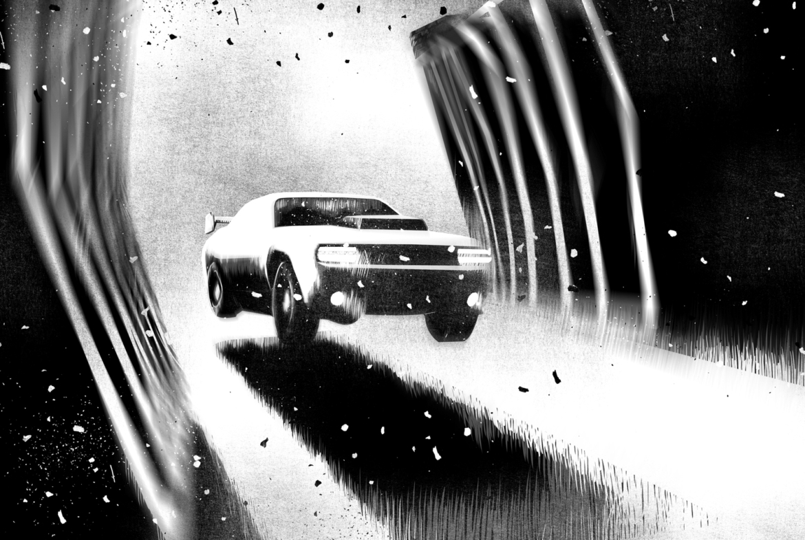 2D Black and White Driving in the dark Illustration