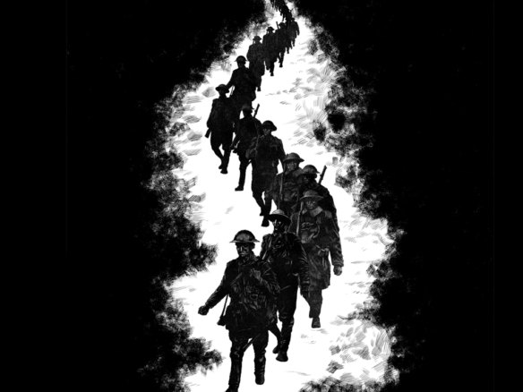 2D Black and White Marching Soldiers Illustration Thumbnail