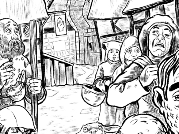 2D Black and White Medieval Peasants Illustration Thumbnail