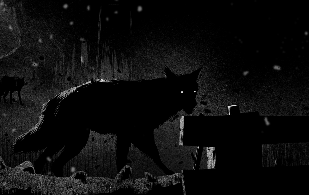2D Black and White Wolves at Night Creature Illustration Thumbnail