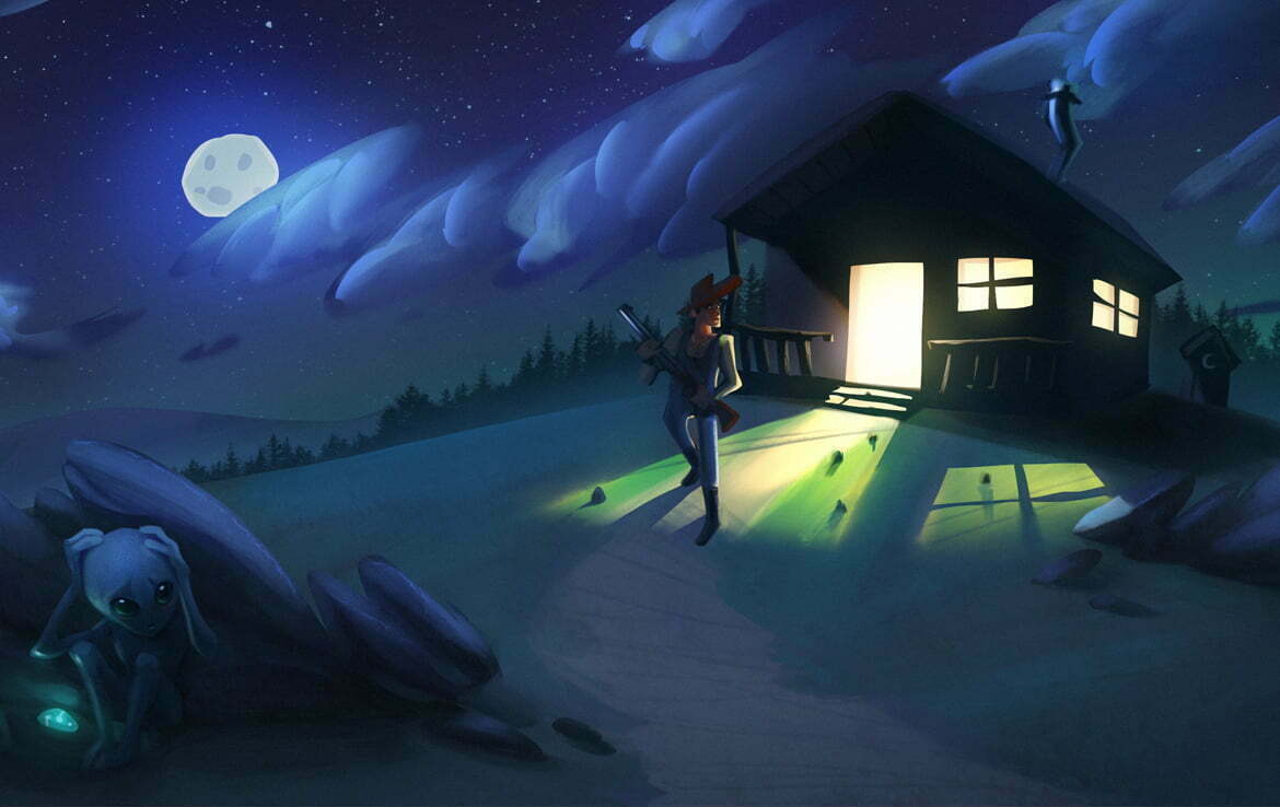 2D Hiding Alien Character Illustration Thumbnail