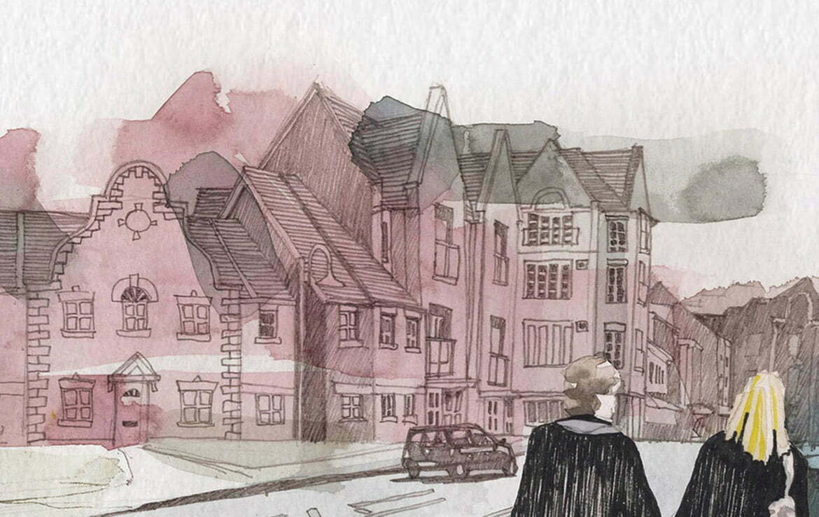 2D Architecture House and Couple London Illustration