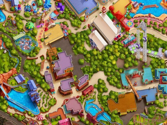 Georeferenced theme parks map illustration