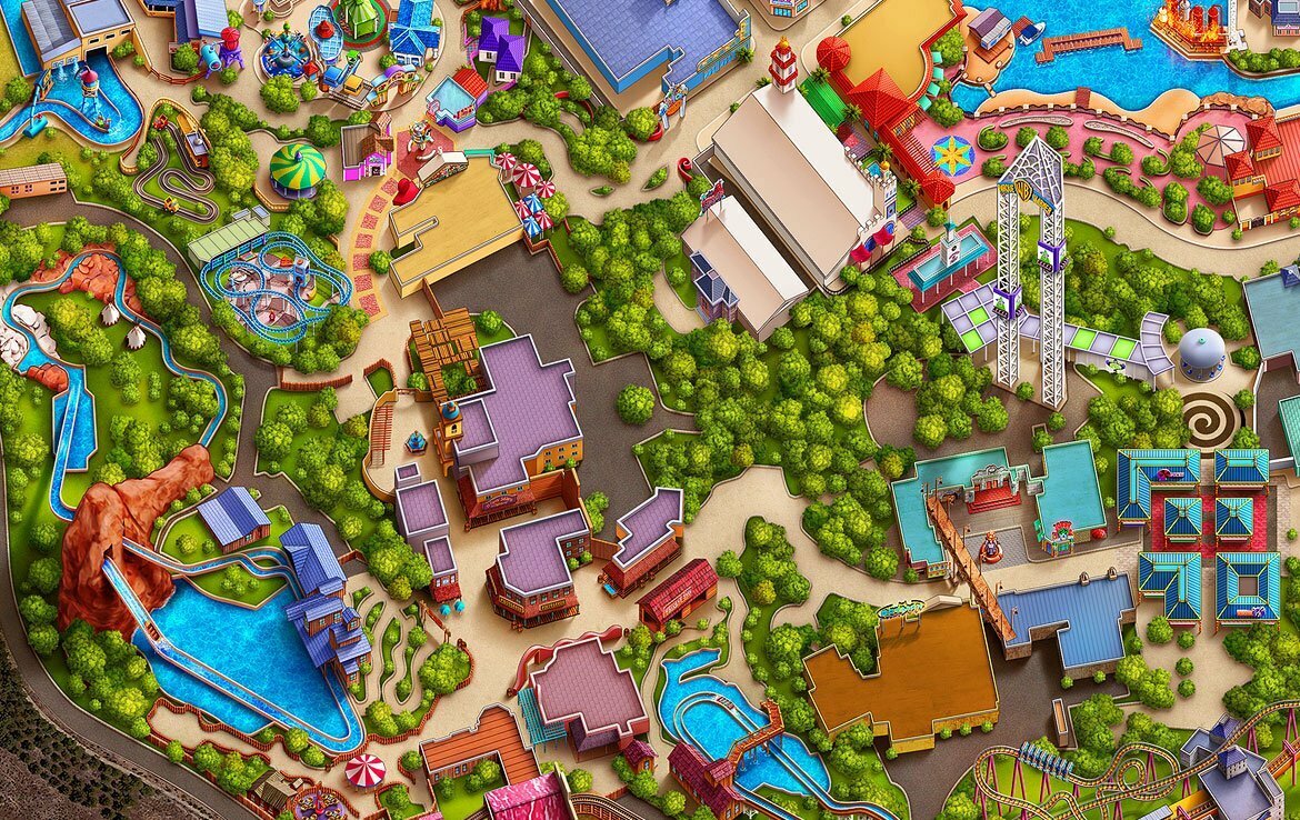 Georeferenced theme parks map illustration