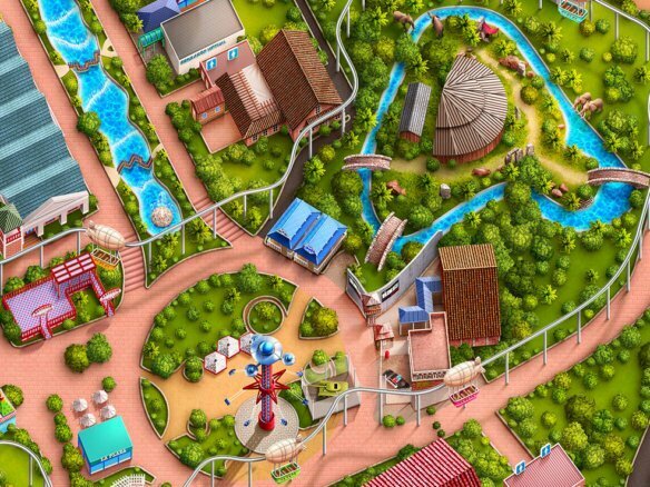 Theme parks 2D georeferenced map illustration