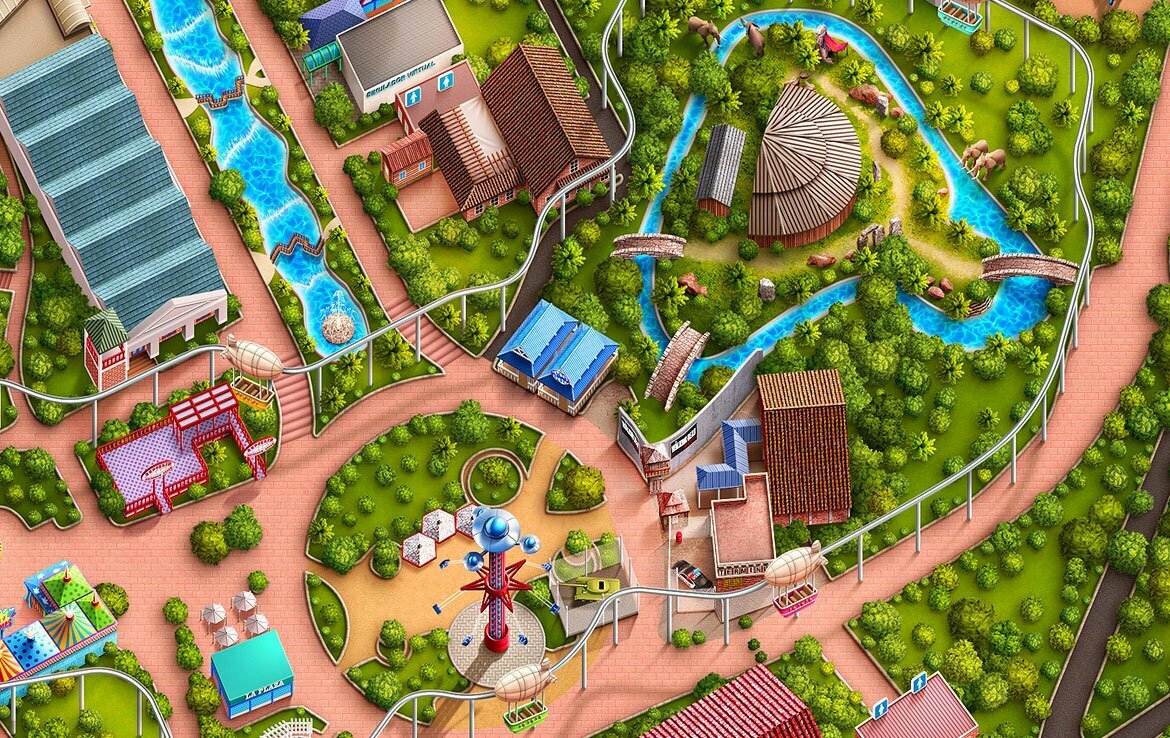 Theme parks 2D georeferenced map illustration