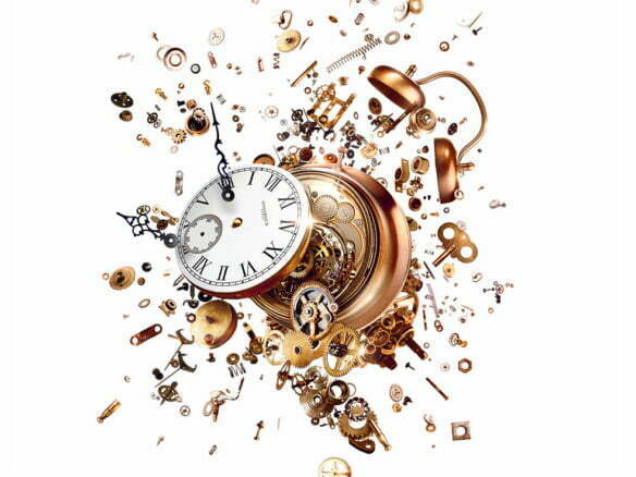 realistic 2D illustration of clock exploding