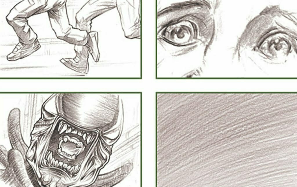 2D Black and white illustrated storyboard frames Aliens