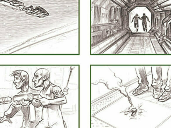 2D Black and white illustrated storyboard frames Aliens