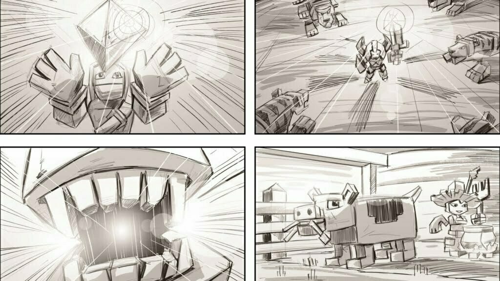2D Black and White Illustrated Storyboard frame for Sky saga Video Game cinematic