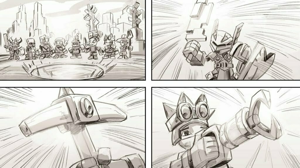 2D Black and White Illustrated Storyboard frame for Sky saga Video Game cinematic