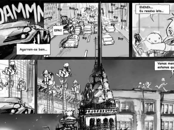 2D Black and White Illustrated Storyboard frame for kids TV series featuring a CG animated duck Character