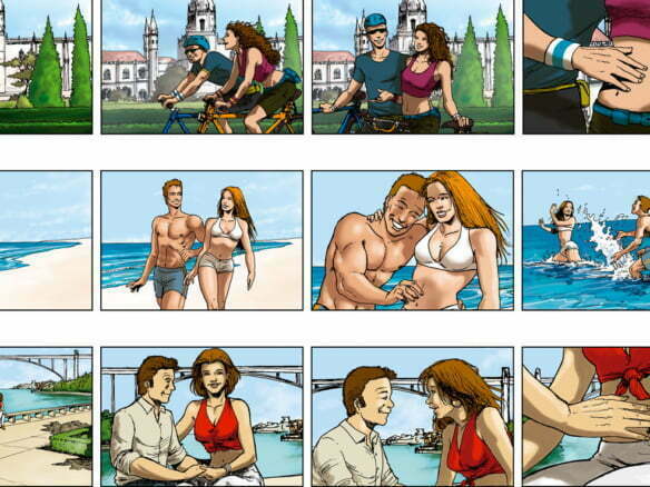 2D Coloured hand drawn Illustrated Storyboard for holiday TV advert featuring a young couple in love