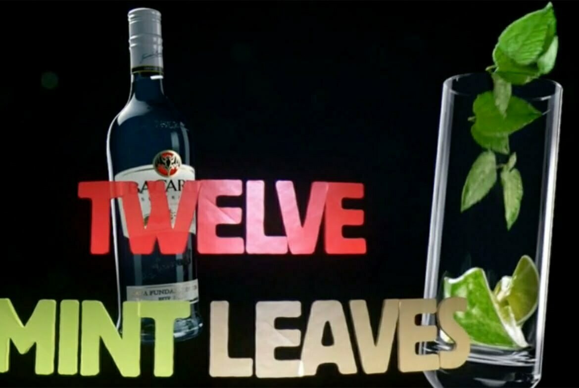 Bacardi animation still showing bacardi rum bottle and tumbler glass with mint leaves